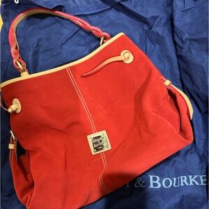 Dooney & Bourke Red Suede Tote with tan trim